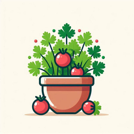 Cherry tomatoes and parsley in a pot. Vector illustration.のイラスト素材