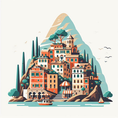 Colorful town on the coast of the sea. Vector illustration.のイラスト素材