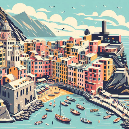 Vernazza is a small town in the province of La Spezia, Liguria, Italy.のイラスト素材