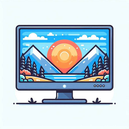 Vector illustration of a computer monitor with a picture of the sun and mountains.のイラスト素材