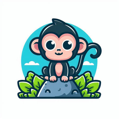 Cute monkey sitting on a rock in the jungle. Vector illustrationのイラスト素材