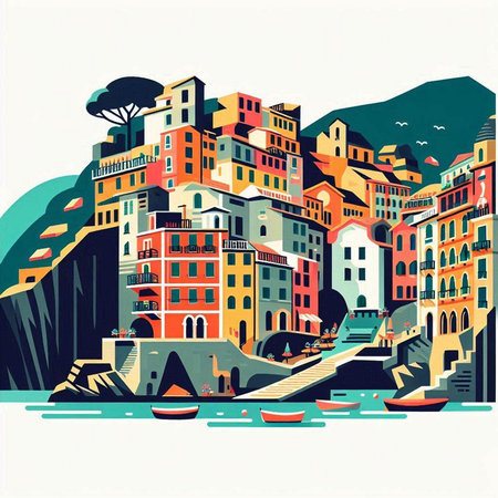 Retro style vector illustration of the city of Riomaggiore, Italy.のイラスト素材