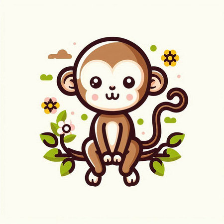 Cute monkey with flowers and leaves on white background. Vector illustration.のイラスト素材
