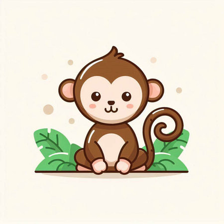 cute monkey sitting on the grass with leafs, vector illustrationのイラスト素材