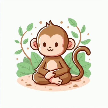 cute monkey sitting on the ground in the jungle, vector illustrationのイラスト素材