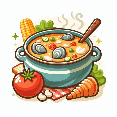 Illustration of a bowl of soup with mussels, tomatoes and carrotsのイラスト素材