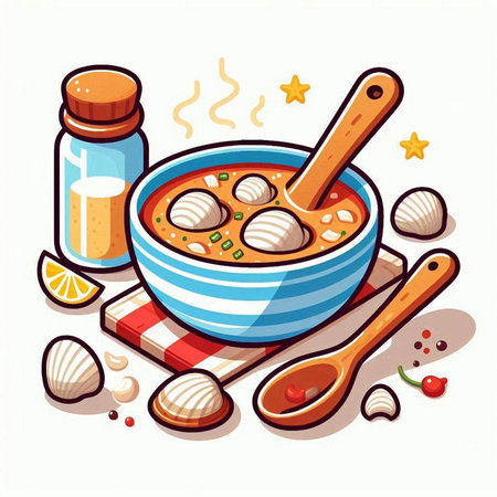 Bowl of soup with meatballs and spices. Vector illustration.のイラスト素材