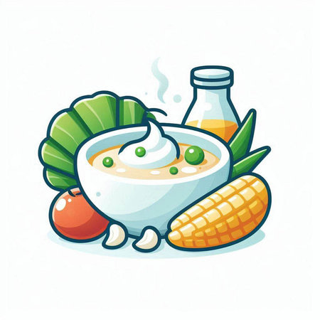 Vegetable soup in a bowl and ingredients, vector illustration.のイラスト素材