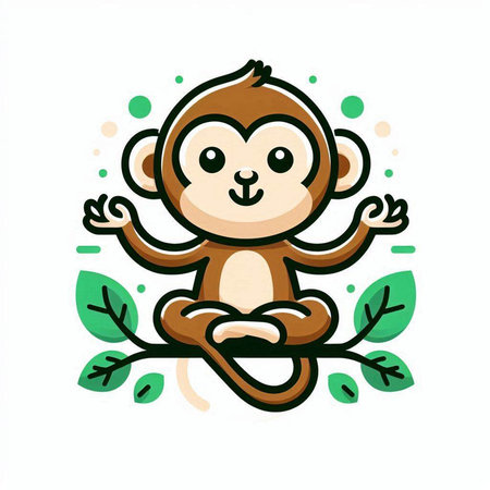 Cute cartoon monkey sitting on branch with leaves. Vector illustration.のイラスト素材