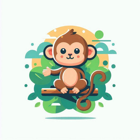 Cute cartoon monkey sitting on a tree branch. Vector illustration.のイラスト素材