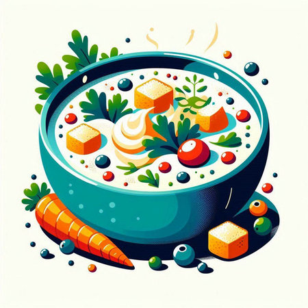 Creamy soup with vegetables in a bowl. Vector illustration.のイラスト素材