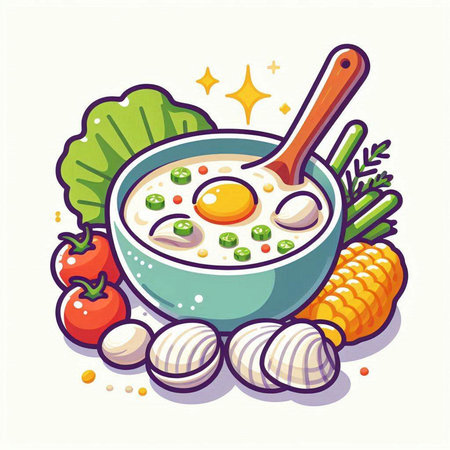 Illustration of a bowl of porridge with eggs and vegetables.のイラスト素材