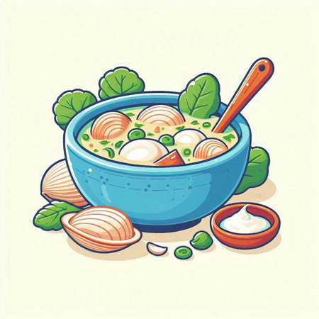 Vegetable soup with chickpeas in a bowl. Vector illustration.のイラスト素材