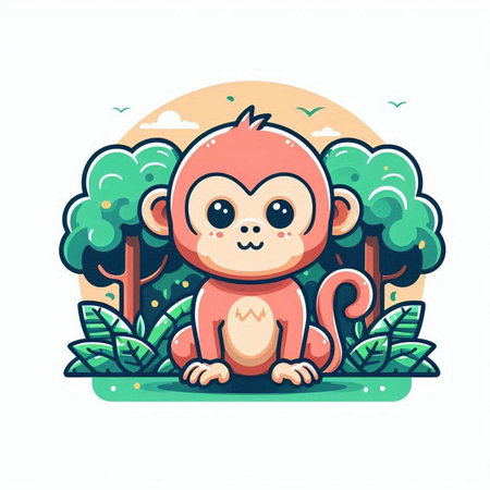 Cute cartoon monkey sitting in the forest. Vector illustration. Flat style.のイラスト素材