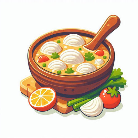 Illustration of a bowl of soup with chicken and vegetables on a white backgroundのイラスト素材