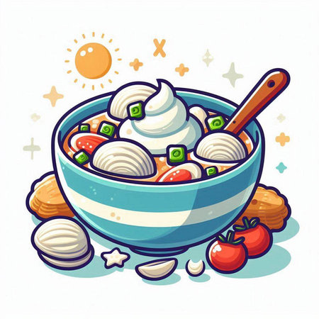 Vector illustration of bowl of soup with dumplings and cream cheeseのイラスト素材
