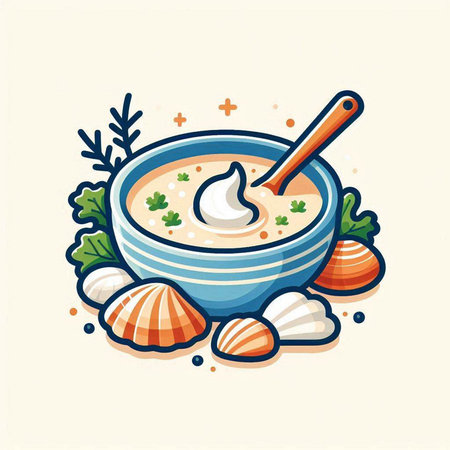 Cream soup in bowl with spoon and seashells. Vector illustration.のイラスト素材