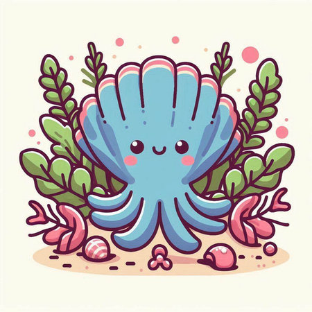 Cute cartoon octopus on the coral reef. Vector illustration.のイラスト素材