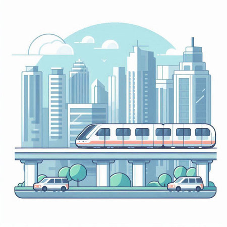 Modern high-speed train on the background of the city. Vector illustrationのイラスト素材