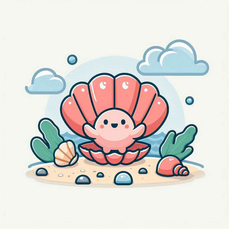 Vector illustration of a cute pink seashell on the seashoreのイラスト素材