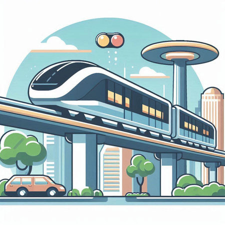 High-speed train on the background of the city. Vector illustrationのイラスト素材