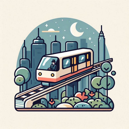 Train on the background of the city. Vector illustration in retro style.のイラスト素材