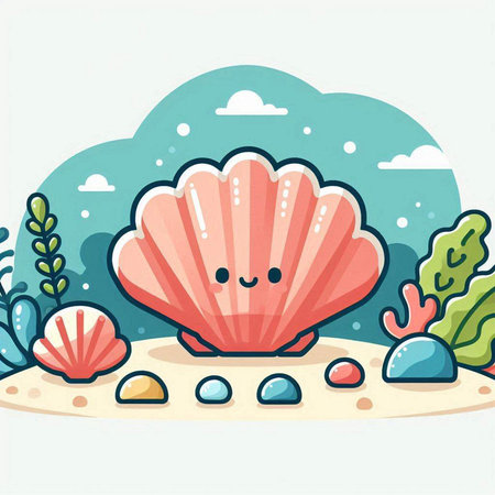 Cute sea shell on the beach. Vector illustration in cartoon styleのイラスト素材