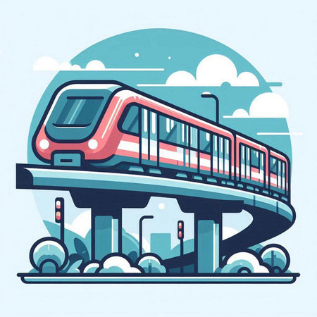 Modern high speed train on the background of the city. Vector illustrationのイラスト素材