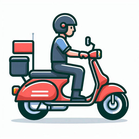 Motorcycle delivery man in helmet on scooter. Vector illustration.のイラスト素材