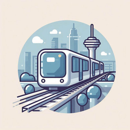 Modern train on the background of the city. Vector illustration in flat style.のイラスト素材
