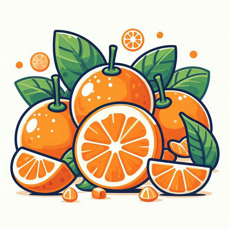 Orange fruit with leaves. Vector illustration isolated on white background. Cartoon styleのイラスト素材