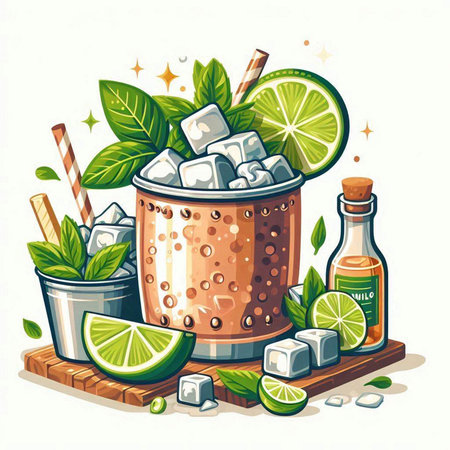 Cocktail with lime, ice and mint. Vector illustration.のイラスト素材