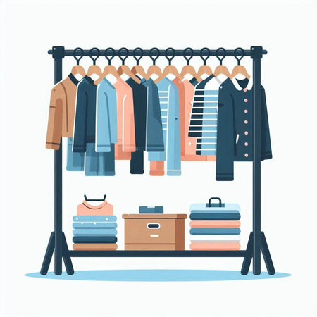 Clothes rack with clothes and accessories. Vector illustration in flat styleのイラスト素材