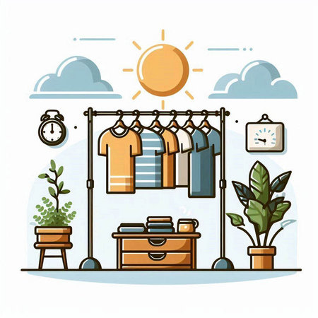 Laundry room with clothes hanging on hanger, vector illustrationのイラスト素材