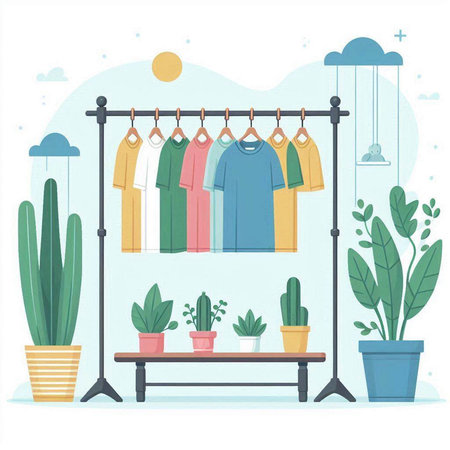 Clothes hanging on a hanger. Flat design vector illustration.のイラスト素材