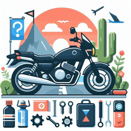 Flat style vector illustration of a modern motorcycle on the background of mountains.のイラスト素材