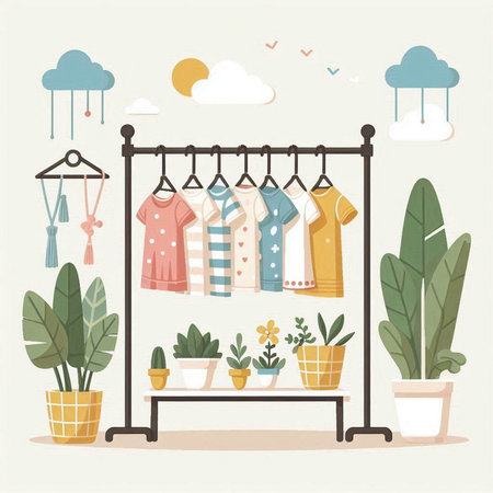 Vector illustration of a shelf with different clothes and flowers in pots.のイラスト素材