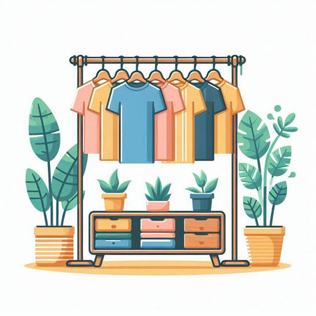 Wardrobe with clothes and plants. Vector illustration in flat style.のイラスト素材