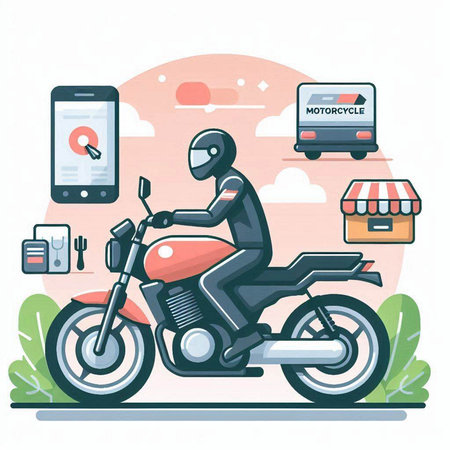 Biker on motorcycle. Vector illustration in flat style. Motorcycle and smartphone.のイラスト素材