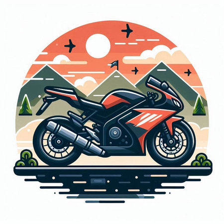 Motorcycle on the road in the mountains. Vector illustration in flat style.のイラスト素材