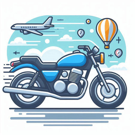 Vector illustration of a blue chopper motorbike with hot air balloon.のイラスト素材