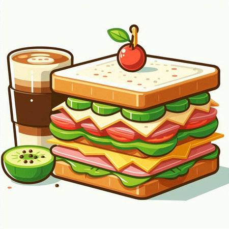 Illustration of a Fast Food Sandwich with a Cherry and a Cup of Coffeeのイラスト素材