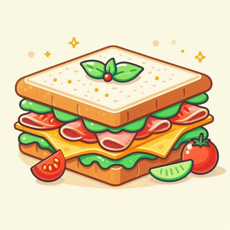 Sandwich with cheese, ham, tomato and basil. Vector illustration.のイラスト素材