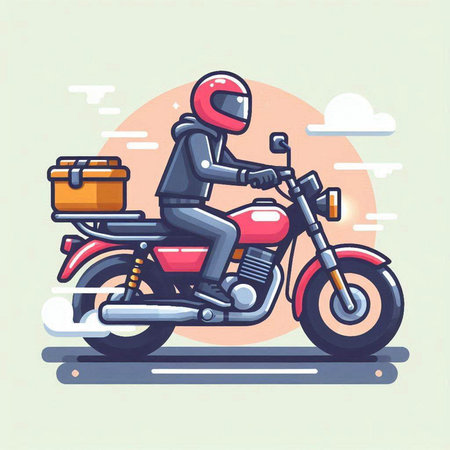 Vector illustration of a biker with a suitcase on a motorcycle.のイラスト素材