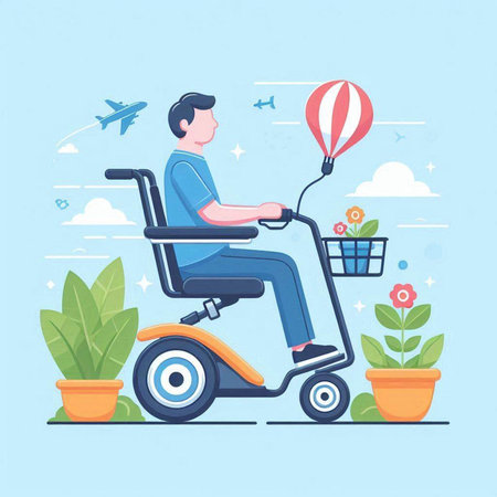 Man in wheelchair with air balloon. Vector illustration in flat style.のイラスト素材