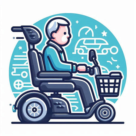 Man in wheelchair with shopping basket. Vector illustration in flat style.のイラスト素材