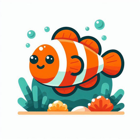 Cute clown fish swimming in the sea. Vector flat cartoon character illustrationのイラスト素材