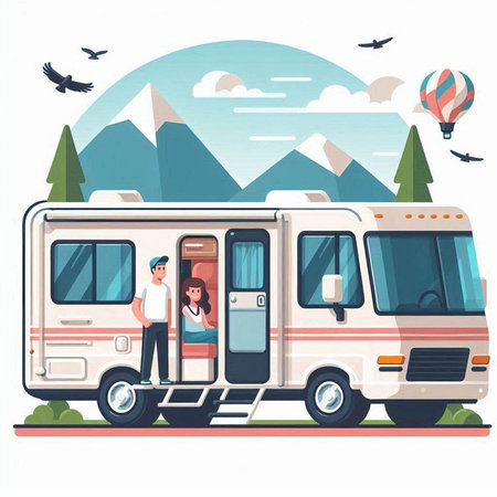 Family travel by motorhome. Couple in camper van. Vector illustrationのイラスト素材