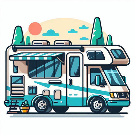 Camper car on the road. Vector illustration in flat style.のイラスト素材