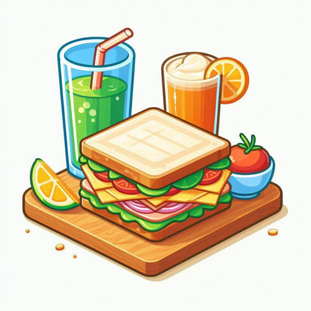 Sandwiches and juice on a white background. Vector illustration.のイラスト素材